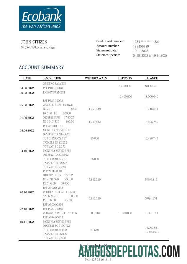Niger Ecobank modelo de extrato bancário